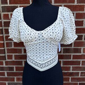 Japna Cropped Top Medium Cream Print Smocked Milkmaid Puff Sleeve Festival